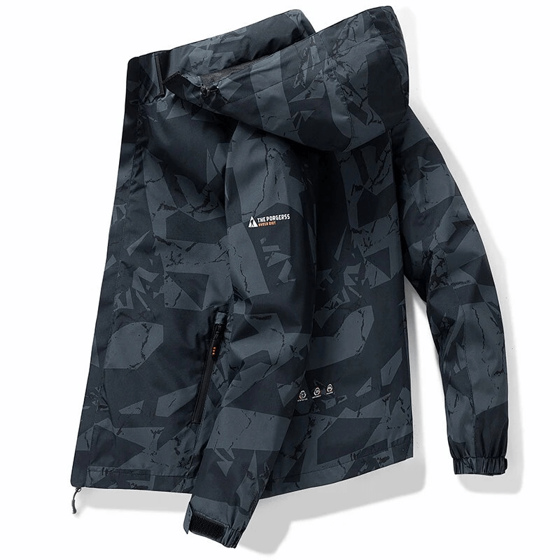 Men's waterproof hiking jacket with geo print, durable polyester, rib sleeve cuffs, hood, perfect for outdoor activities.
