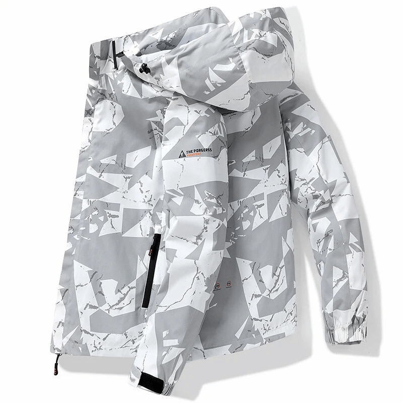 Men's waterproof hiking jacket with geo print, featuring rib sleeve cuffs, o-neck collar, zipper closure, and hood for outdoor adventures.