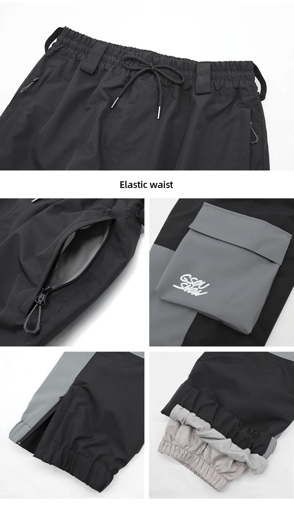 Elastic waist details of men's waterproof snow pants with zipper pocket, reinforced hem, and stylish design.