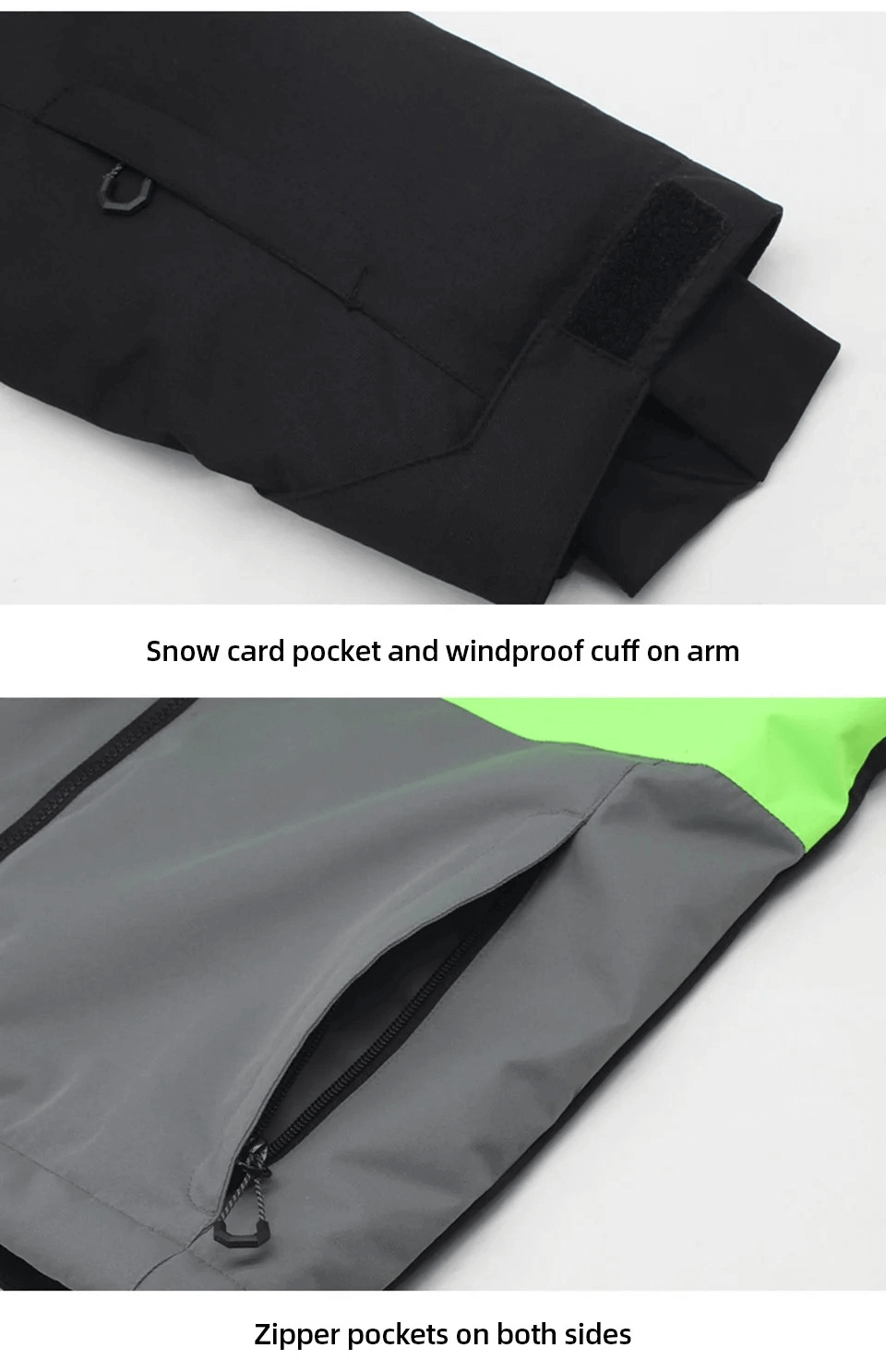 Men's waterproof jacket with snow card pocket, windproof cuff, and zipper pockets, ideal for snow sports.