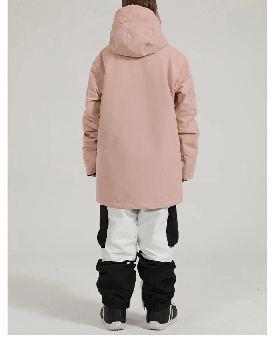 Men's waterproof jacket and pants set for snow sports, featuring anti-pilling and windproof fabric. Model in pink and black outerwear.