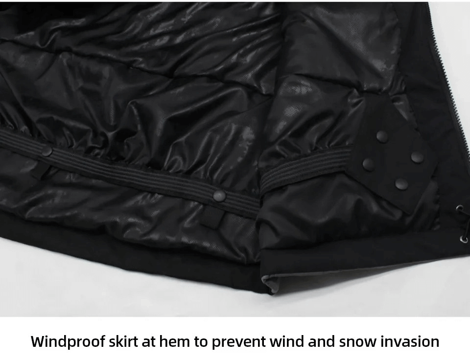 Close-up of a men's waterproof jacket hem with windproof skirt in SF2059 model, preventing wind and snow invasion, perfect for snow sports.