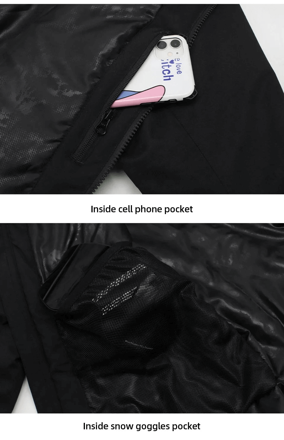 Men's waterproof snow jacket with inside cell phone and snow goggles pockets.