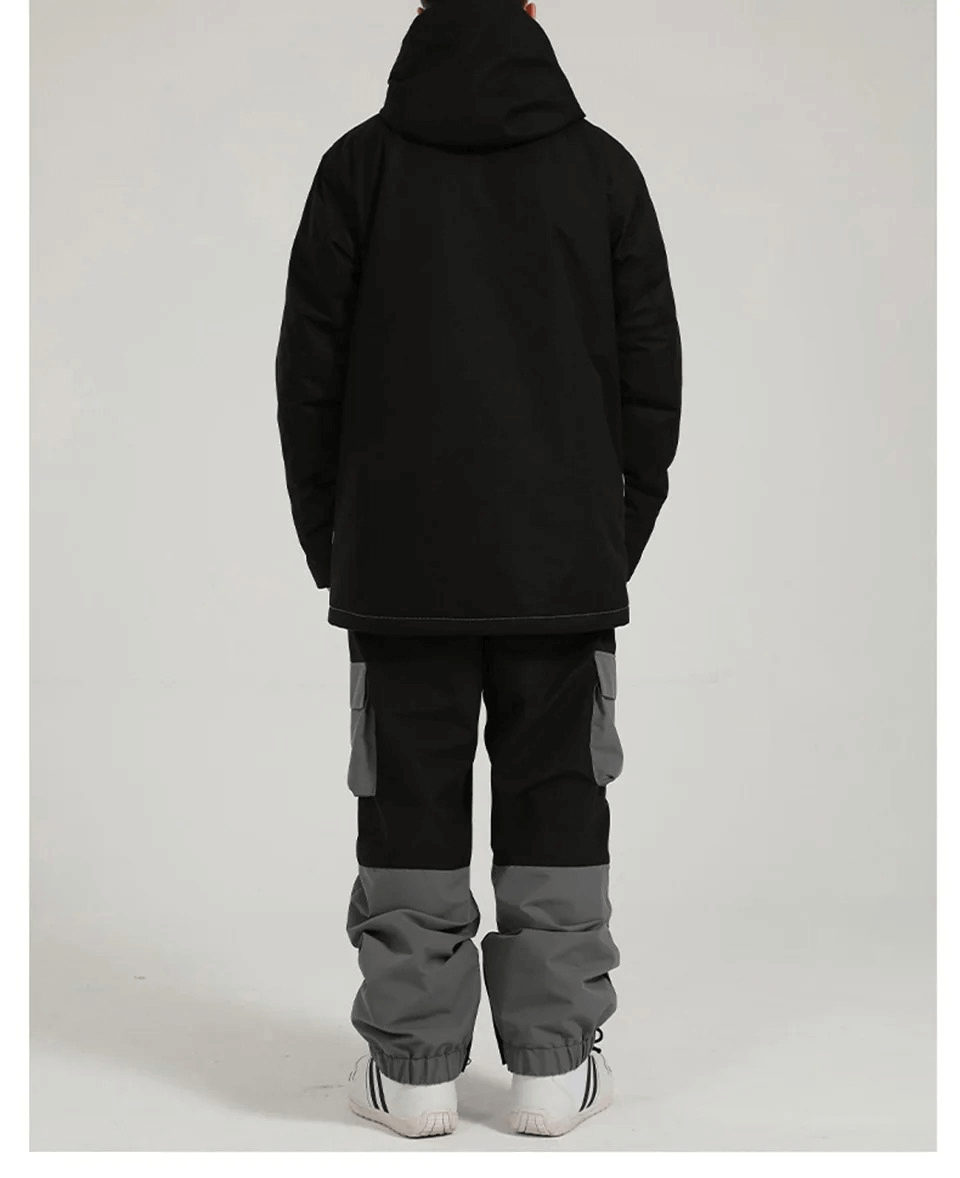 Back view of men's waterproof jacket and pants set for snow sports, highlighting black and grey design with functional hood.