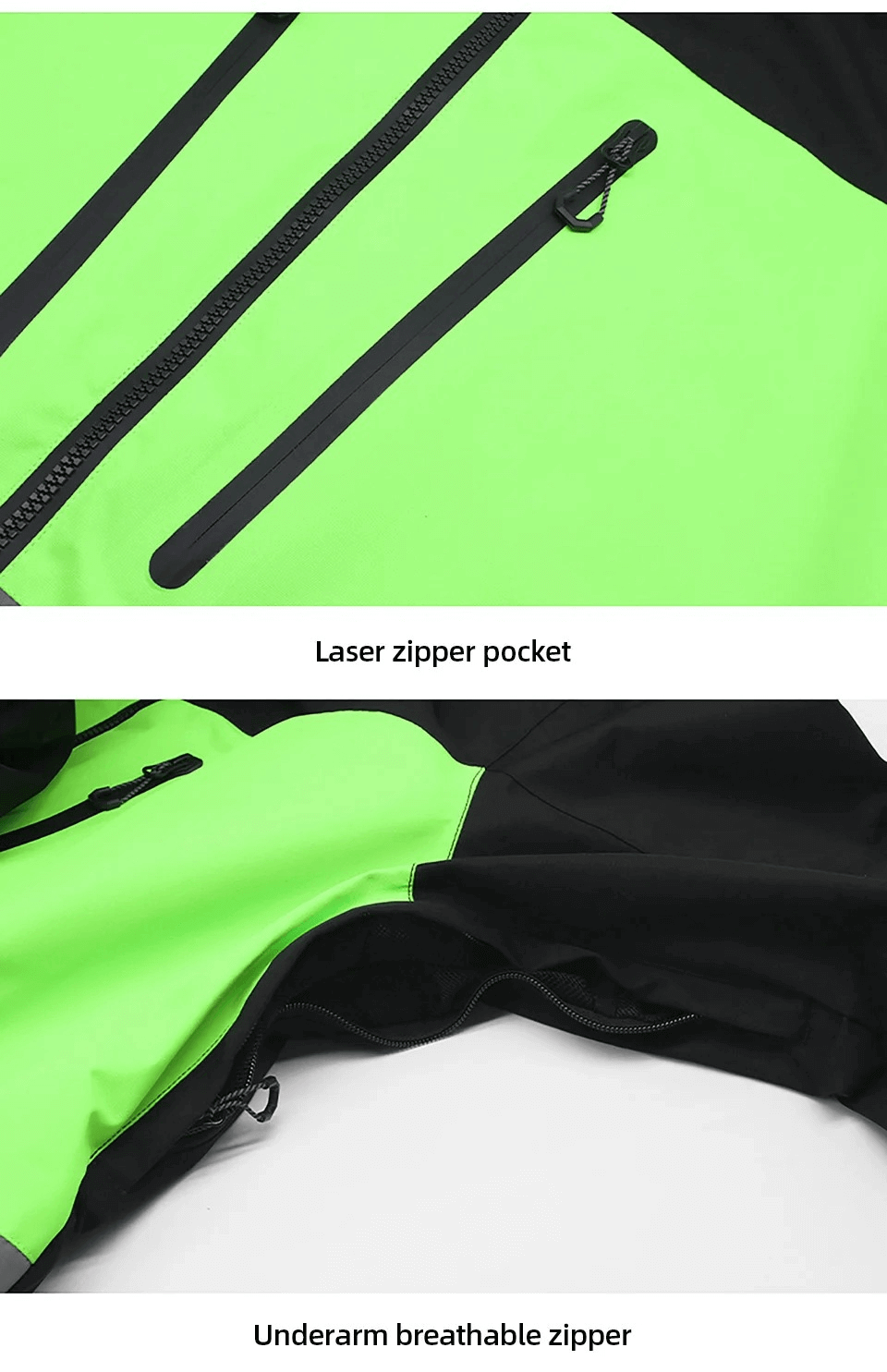 Men's waterproof jacket in neon green with laser zipper pocket and underarm breathable zipper for snow sports.