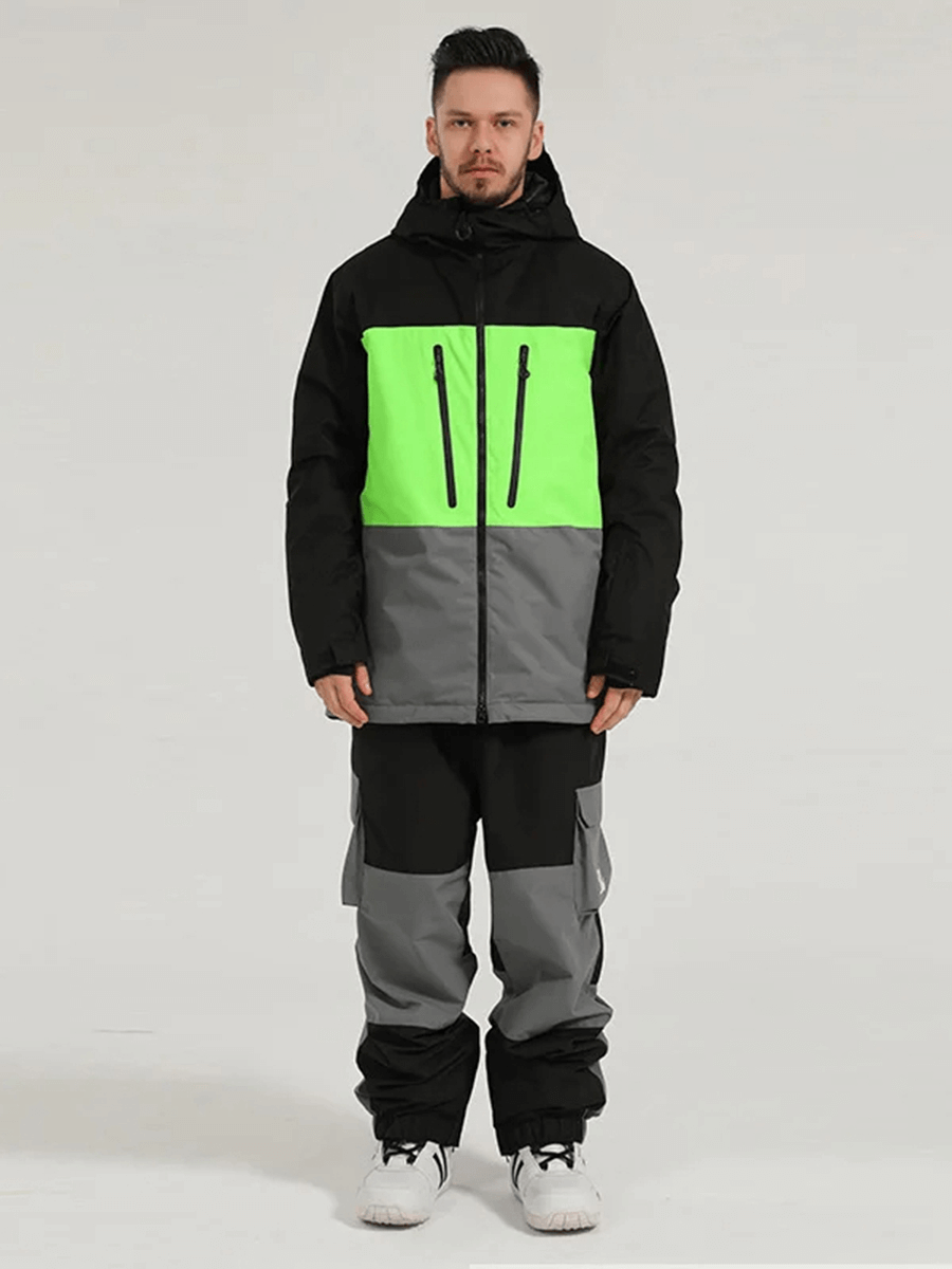 Men's waterproof jacket and pants set in neon and grey, perfect for snow sports, featuring breathable and windproof fabric.