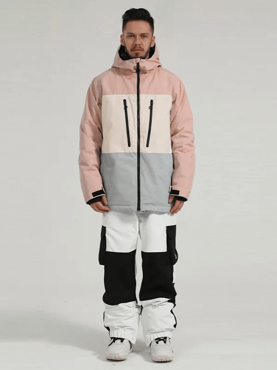 Men's waterproof snowboard set with jacket and pants, SF2059, in pink and grey, ideal for snow sports and various weather conditions.