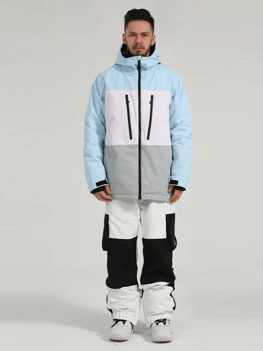 Man wearing Men's Waterproof Jacket and Pants Set SF2059 for snow sports, featuring hood, neon highlights, breathable, windproof fabric.