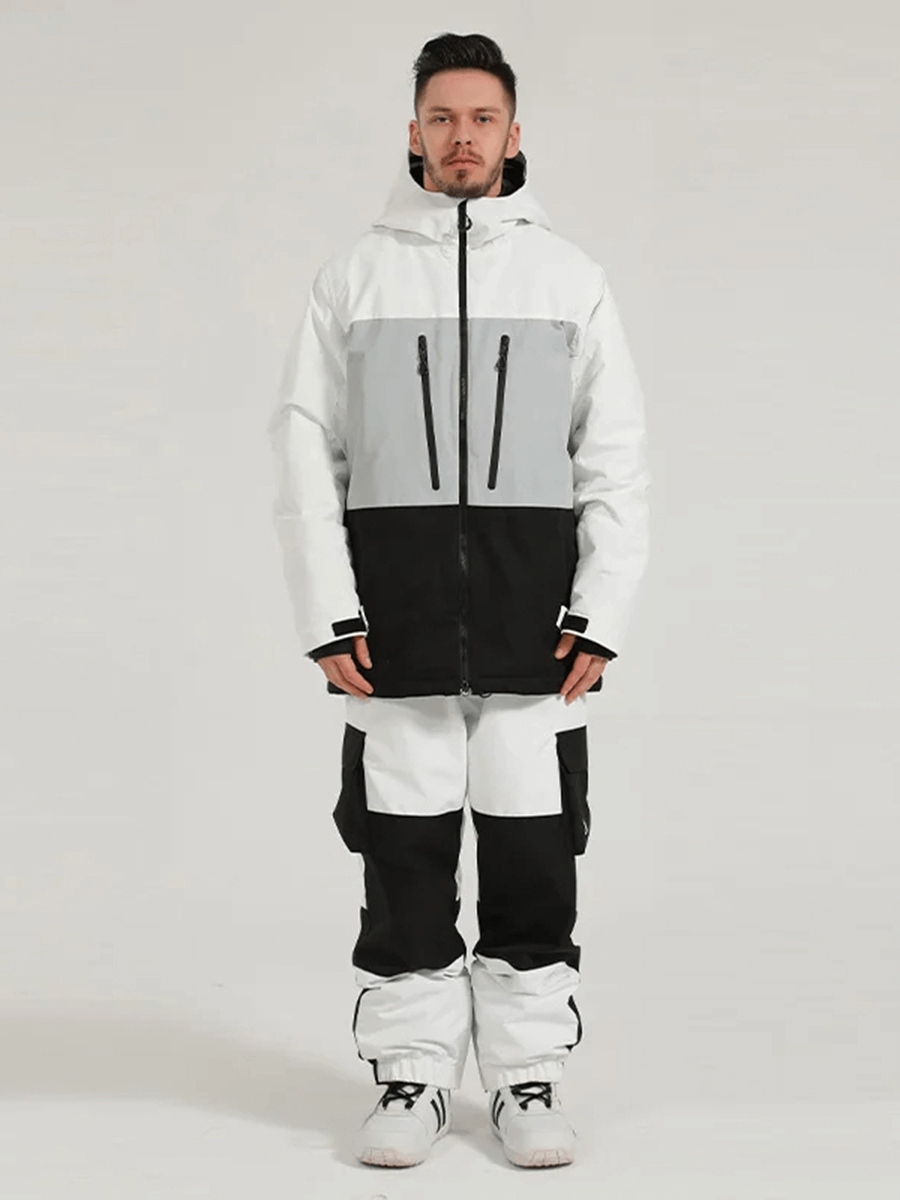 Men's waterproof snow sports jacket and pants set SF2059 in black and white with hood, neon accents, and weather protection features.