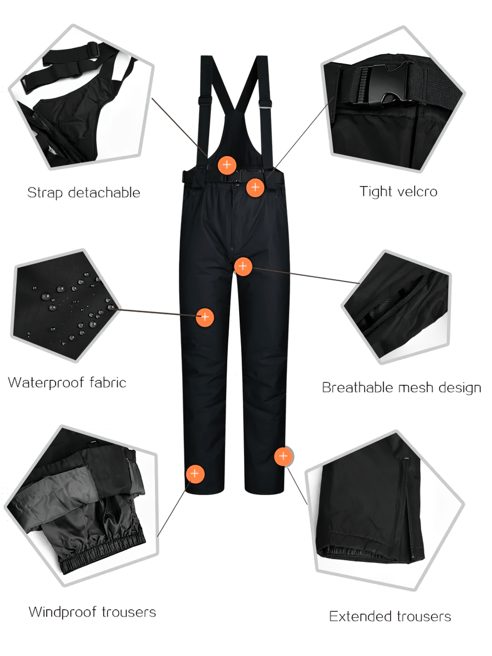 Men's waterproof ski overalls with detachable straps, velcro, and breathable, windproof design for optimal snowboarding comfort.
