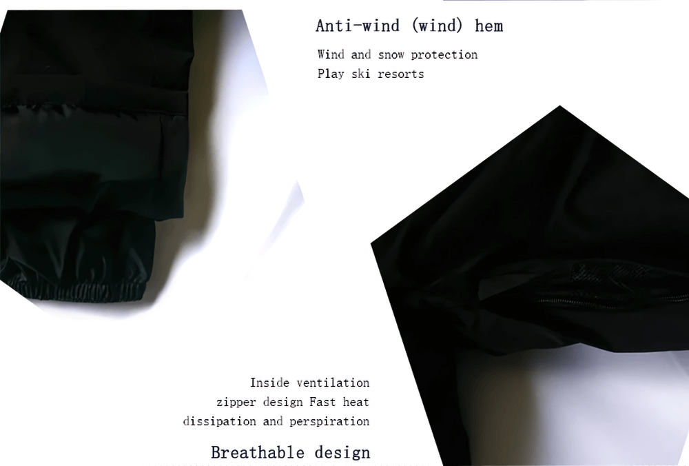 Close-up of a men's waterproof ski jacket showcasing anti-wind hem and breathable design with ventilation zippers for skiing.