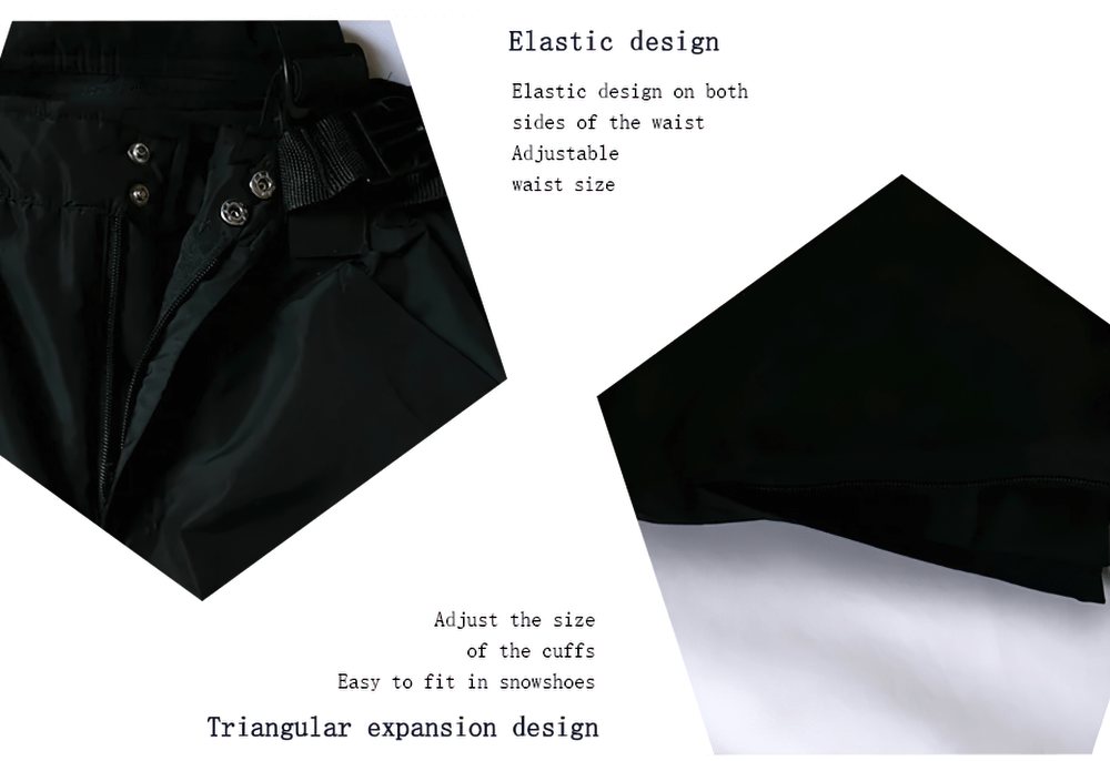 Men's ski overalls with adjustable waist and cuffs for comfort and flexibility. Triangular expansion design for snowshoe fit.