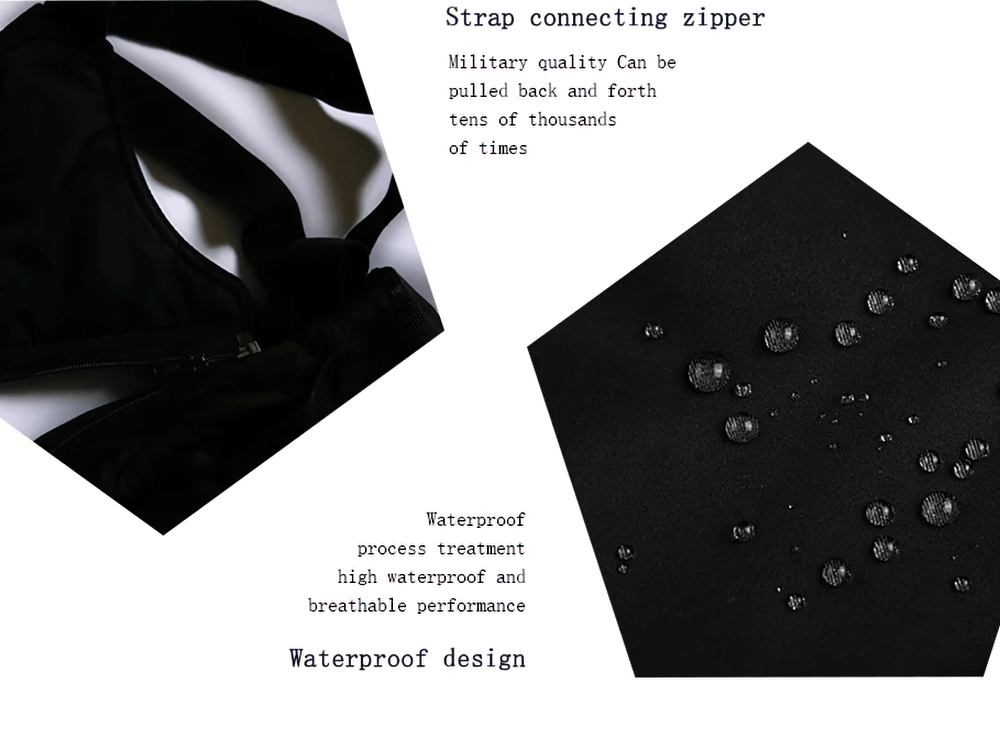 Close-up of waterproof ski jacket showing military-grade zipper and water-resistant fabric with text highlighting durability.