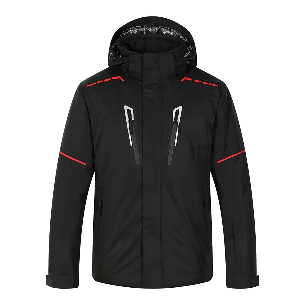 Men's waterproof ski jacket with hood - SF2051. Durable snowboard coat for style, warmth, and comfort on slopes. Black and red design.
