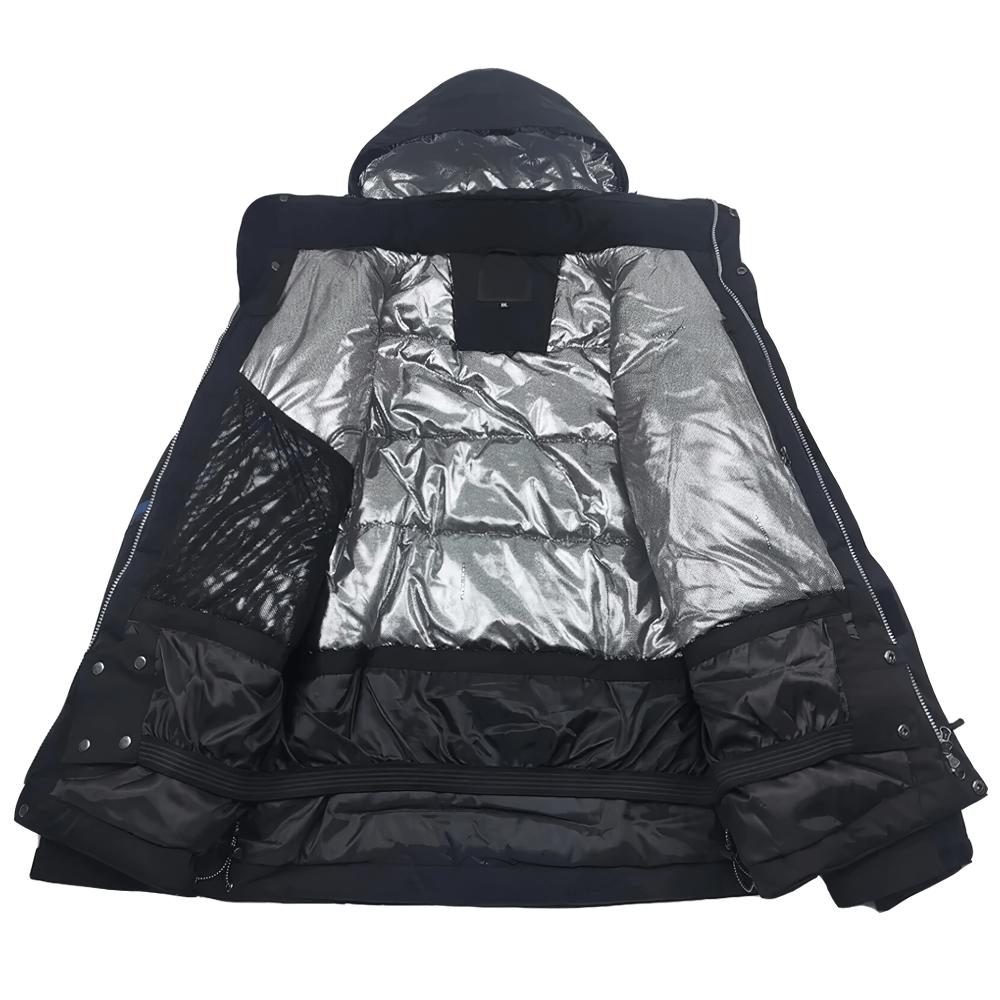 Open black men's waterproof ski jacket with silver lining and hood, showcasing anti-shrink material for lasting wear on the slopes.