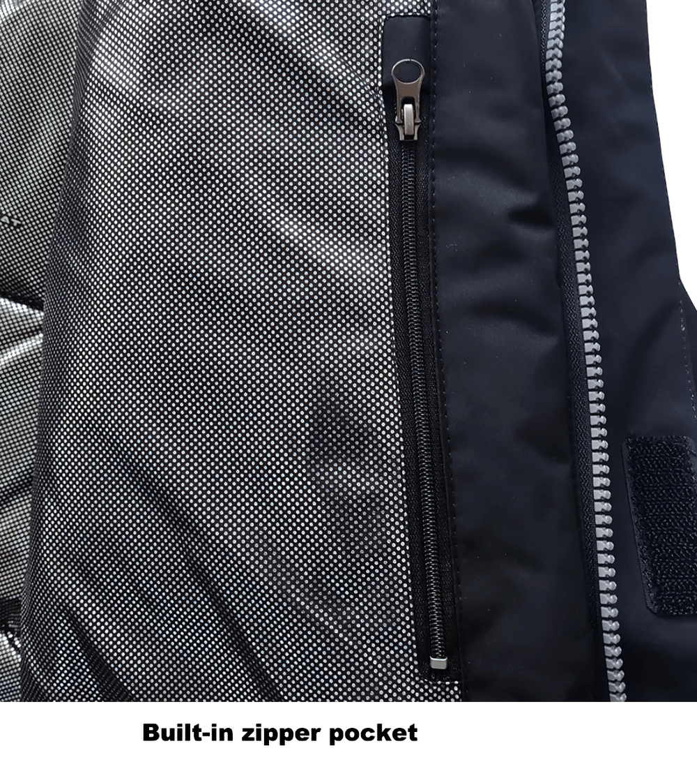Close-up of a men's waterproof ski jacket built-in zipper pocket, showcasing durable design and functional style for skiing.