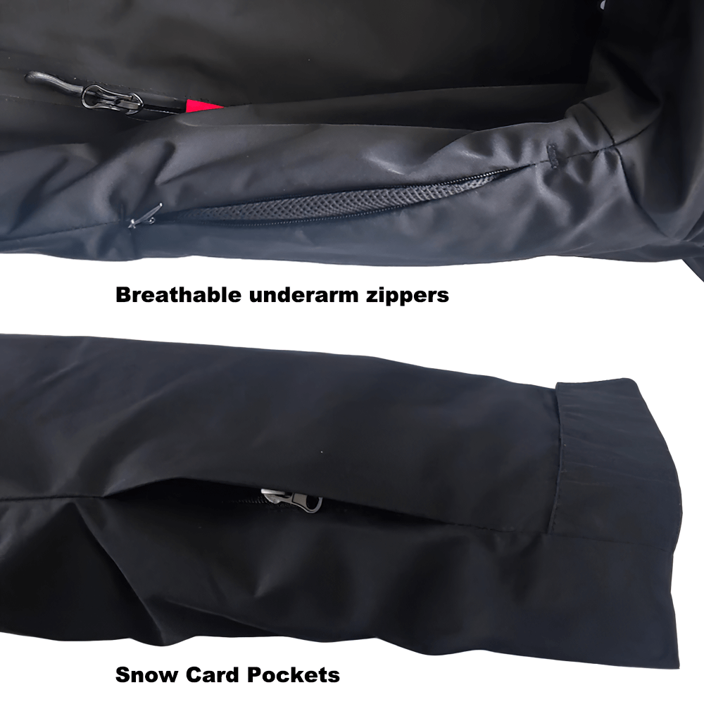 Close-up of men's waterproof ski jacket with breathable underarm zippers and snow card pockets, ideal for skiing or snowboarding.