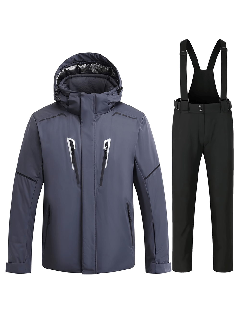 Men's waterproof ski jacket with hood and bib overalls SF2051 in gray, perfect for snowboarding and stylish winter sports adventures.