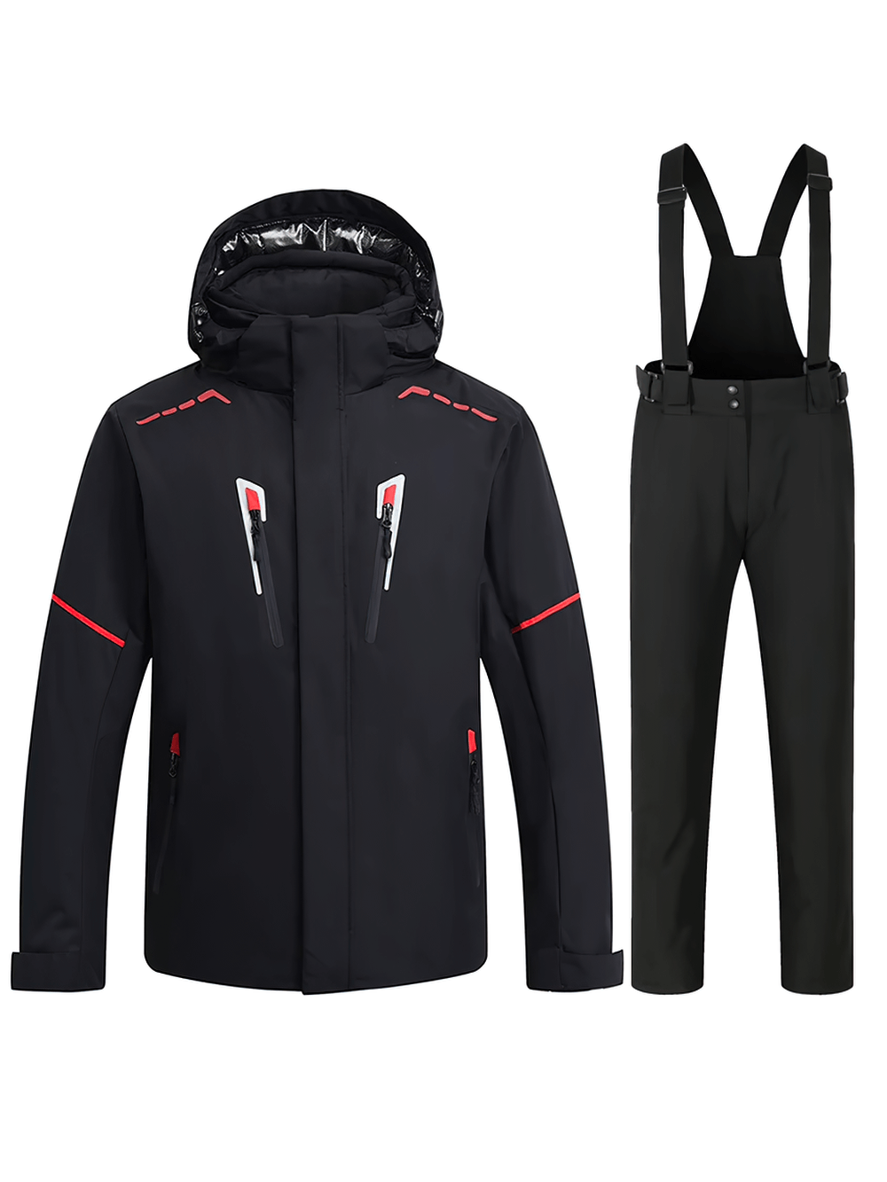 Men's waterproof ski jacket with hood and overalls SF2051, snowboard-ready, black with red accents, warm and breathable.