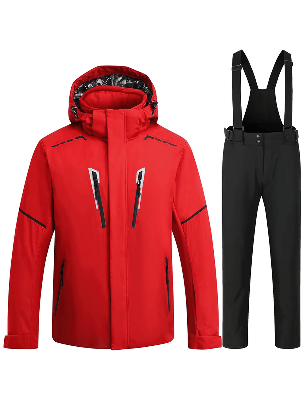 Men's red waterproof ski jacket with hood and black overalls, ideal for snowboarding. Perfect for warm, dry adventures on the slopes.
