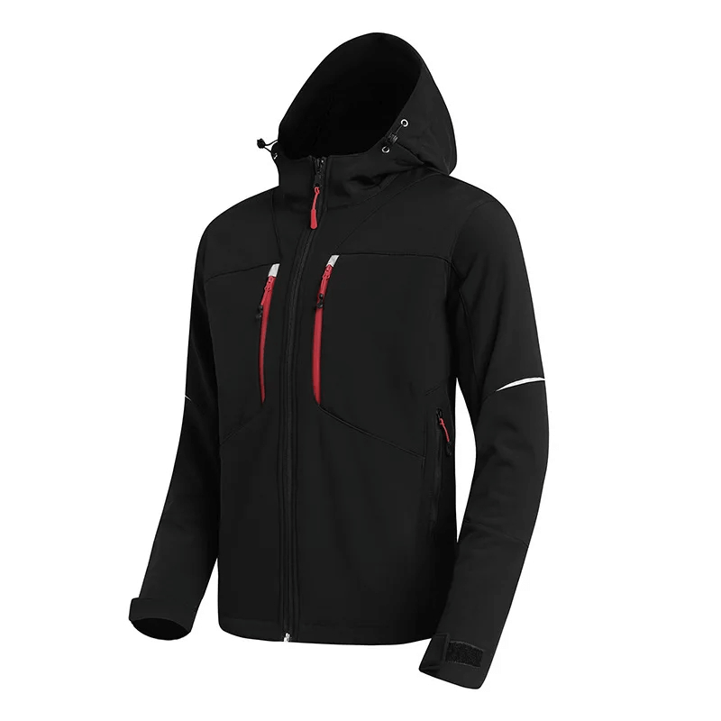 Men's Waterproof Softshell Jacket with Hood - SF2063, black, windproof athletic outerwear with red zipper accents and added pockets.