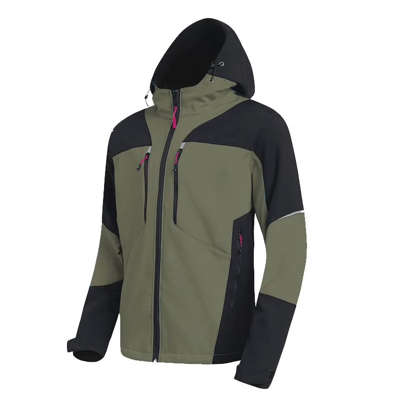 Men's waterproof softshell jacket with hood in olive and black, featuring athletic outdoor design and multiple pockets for accessibility.