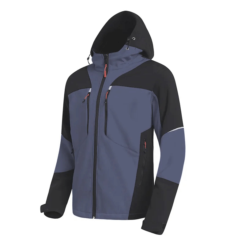Men's waterproof softshell jacket with hood, windproof, vibrant blue with black, ideal for athletic outdoor performance wear.