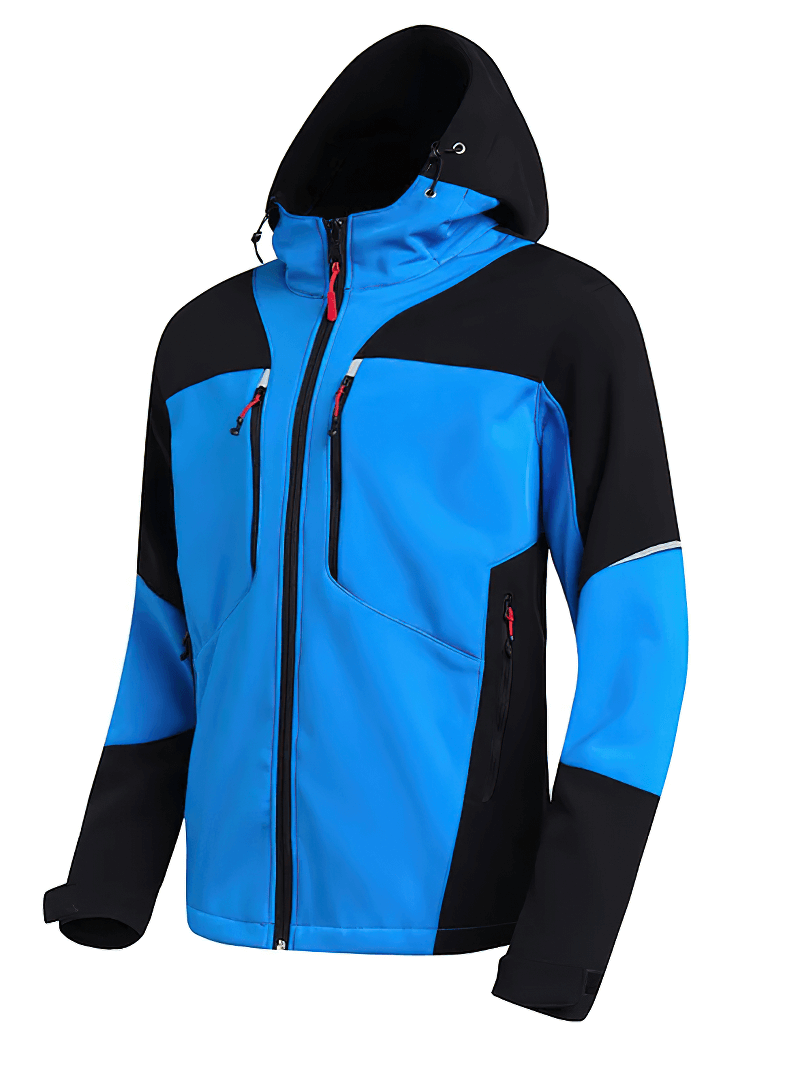 Men's waterproof softshell jacket SF2063 in blue and black with hood, windproof, athletic outdoor performance wear, stylish design.