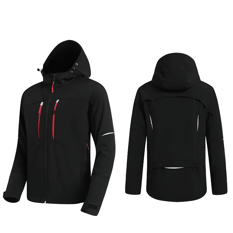 Men's black waterproof softshell jacket with hood SF2063, front and back view. Perfect for outdoor performance and athletic activities.