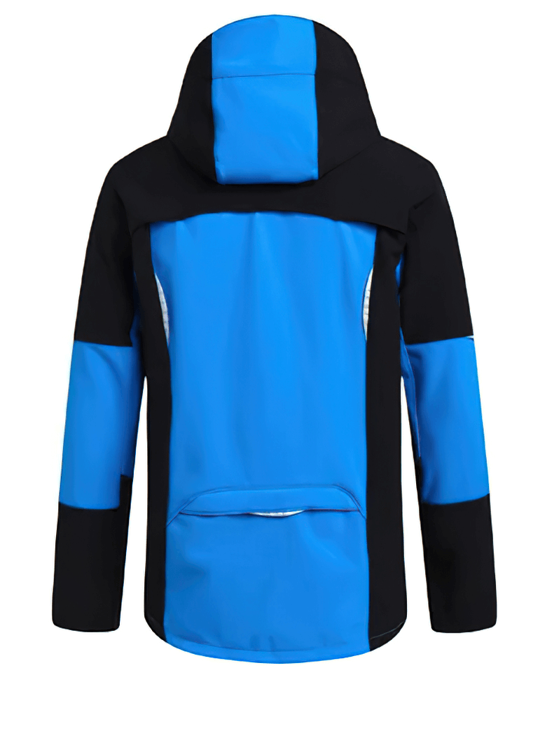 Men's waterproof softshell jacket SF2063 in blue and black, hooded with windproof design and extra pockets for outdoor performance.