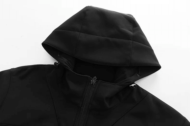 Black hooded waterproof jacket for men, featuring sleek design and athletic performance. Ideal for outdoor adventures, model SF2063.