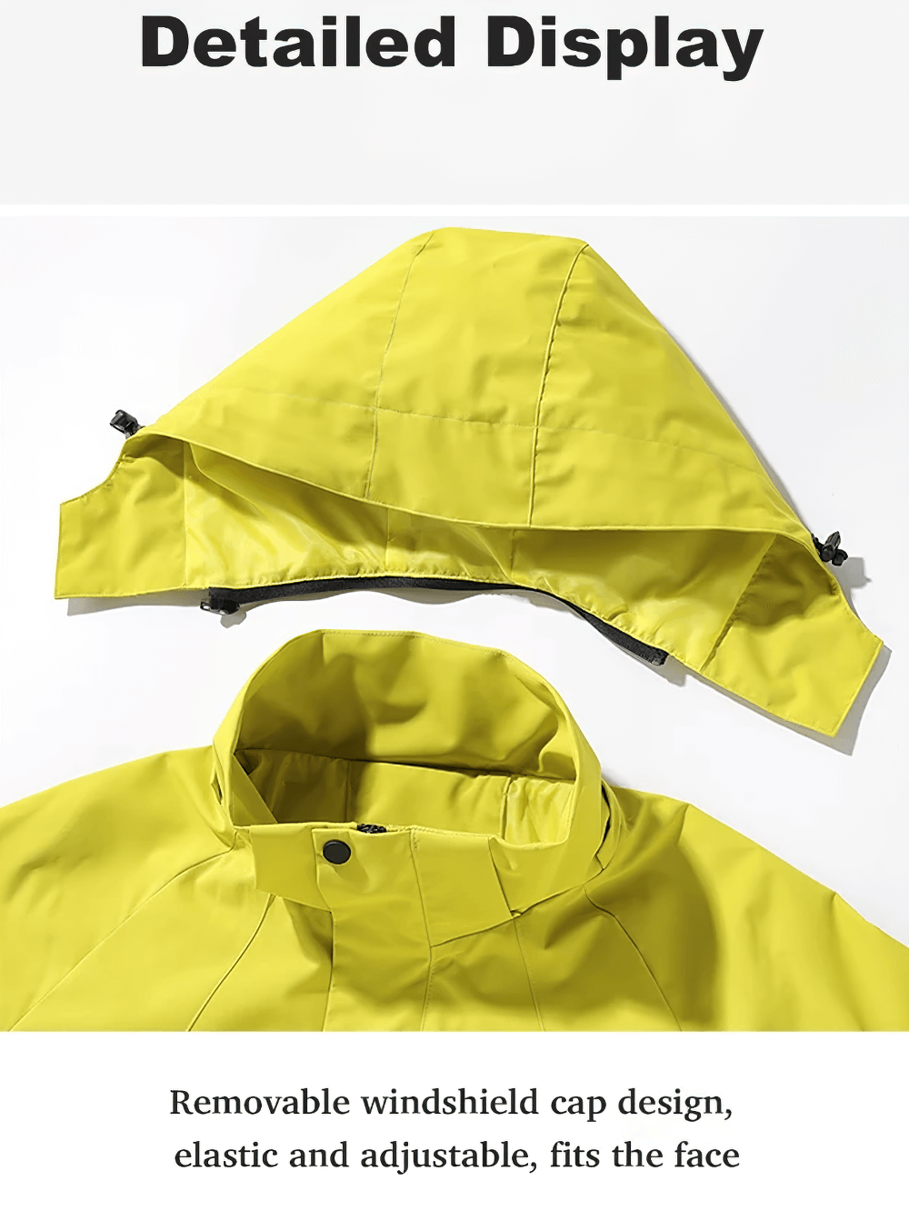 Yellow windproof hood with adjustable design for men's waterproof jacket SF2283, ideal for outdoor adventures.