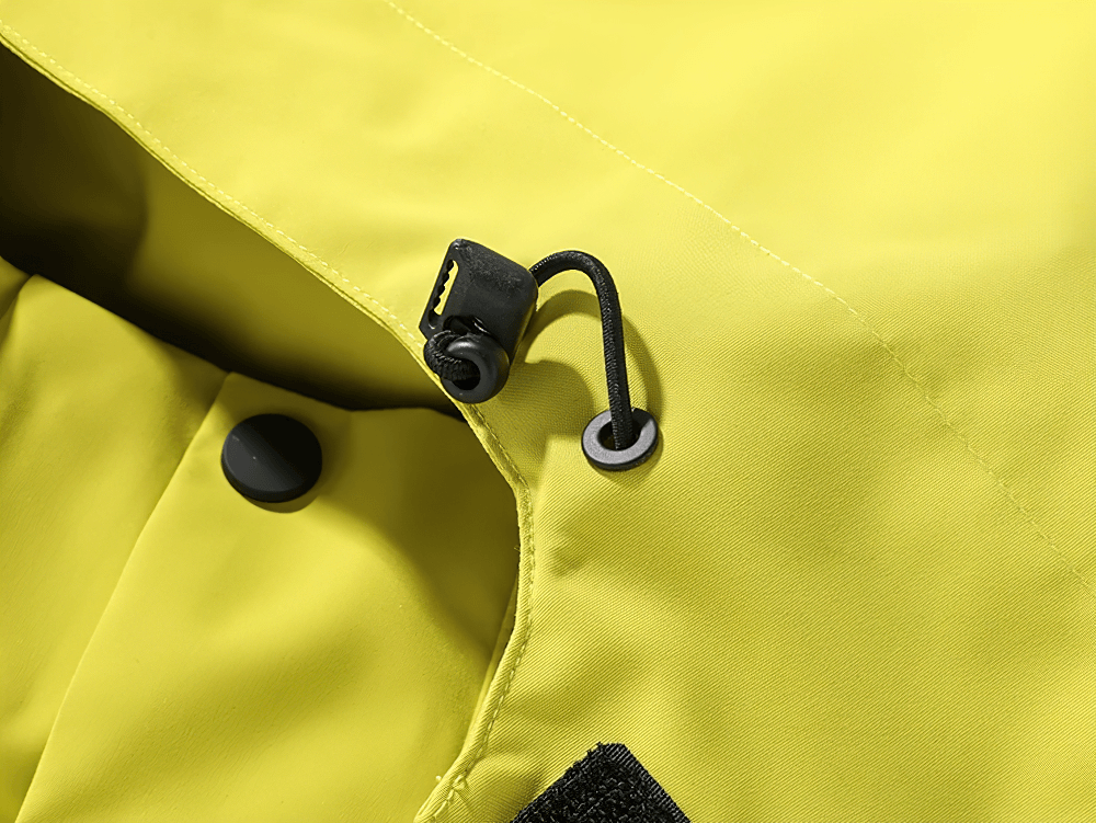 Close-up of yellow men's waterproof windbreaker, showing adjustable drawstring and button. Ideal for hiking and camping adventures.