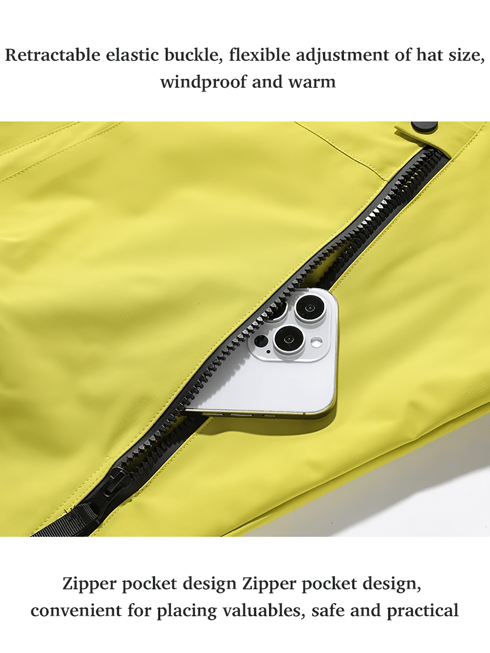 Yellow windbreaker with an elastic buckle and a black zipper pocket holding a smartphone, highlighting its windproof and practical design.