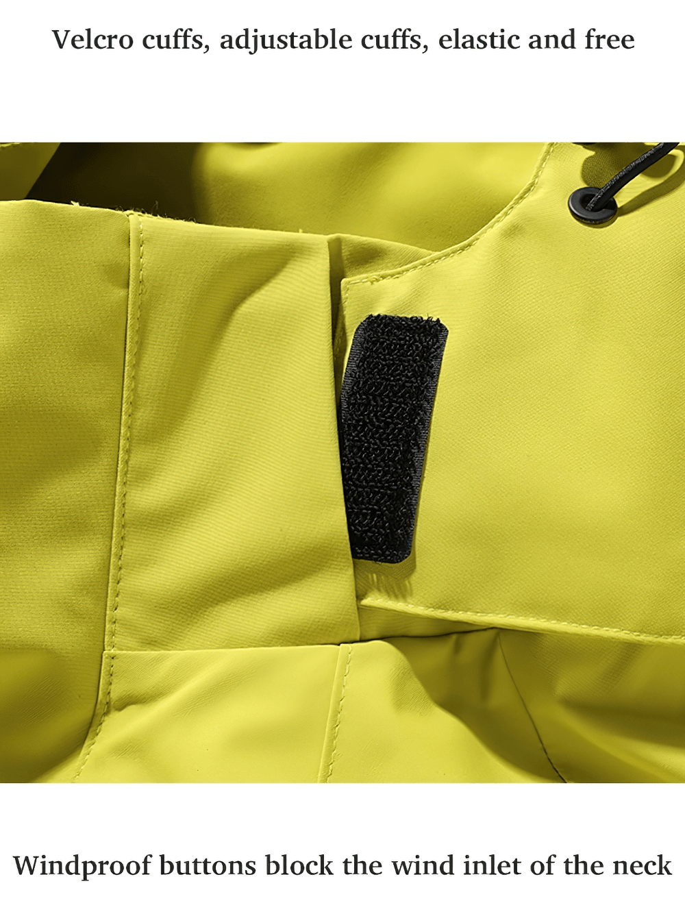 Close-up of men's waterproof windbreaker adjustable Velcro cuff detail, showcasing windproof design in vibrant yellow fabric SF2283.