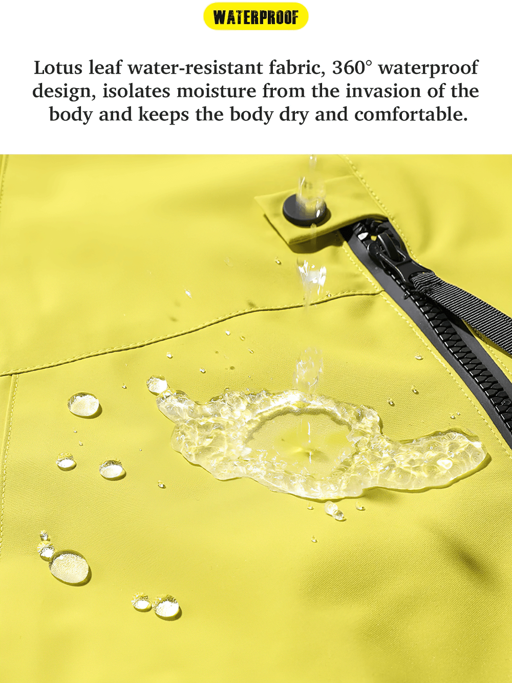 Close-up of waterproof yellow windbreaker jacket repelling water, showcasing fabric's durability and moisture-resistant properties.