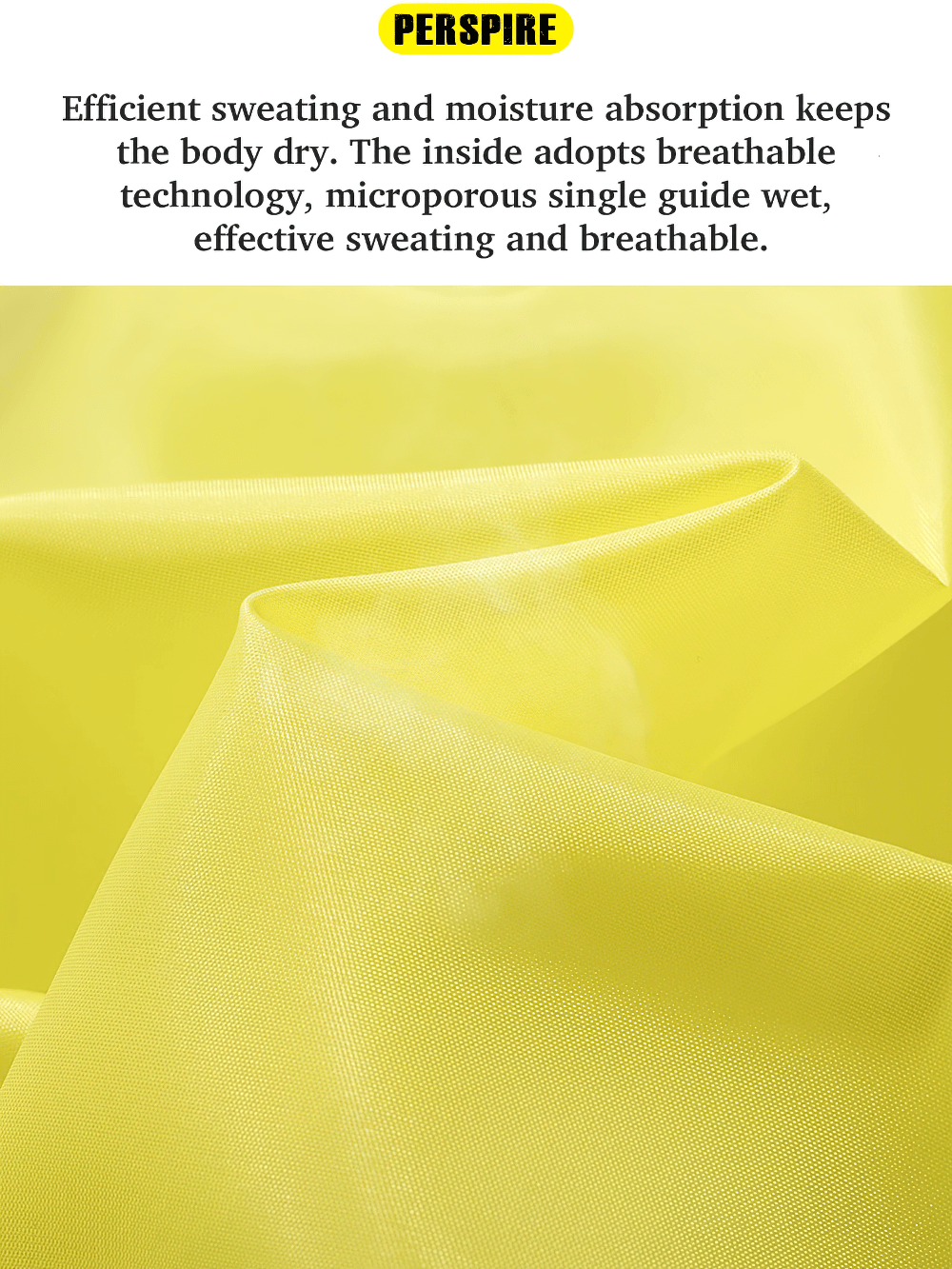 Yellow breathable fabric with microporous technology for efficient sweating and moisture absorption, labeled 'Perspire'.