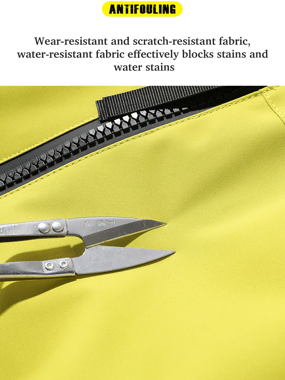 Close-up of yellow waterproof windbreaker fabric with scissors, highlighting its wear-resistant and anti-scratch features.