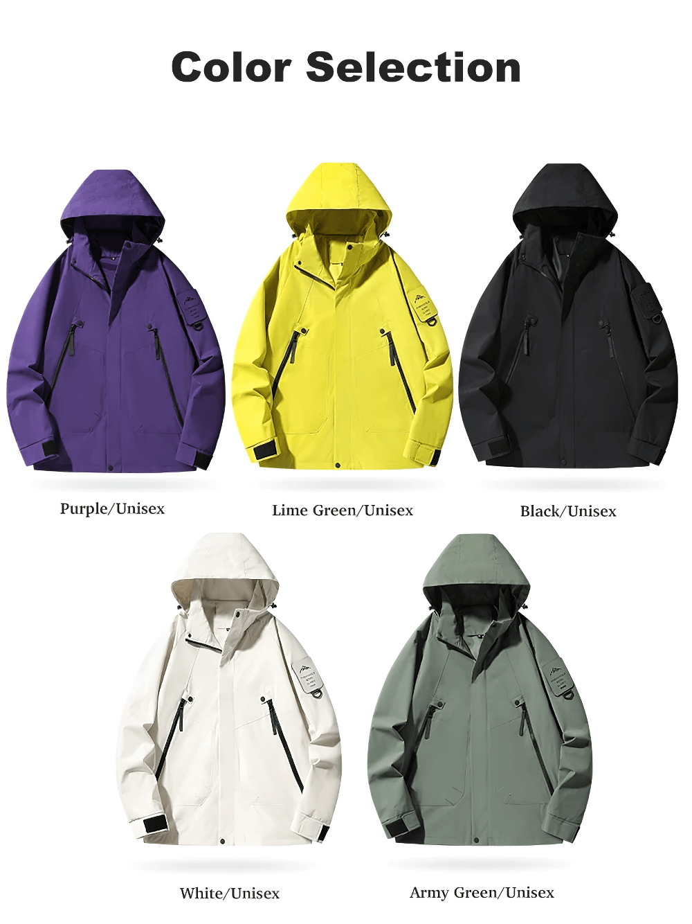 Color selection of waterproof windbreakers in purple, lime green, black, white, and army green for outdoor adventures.