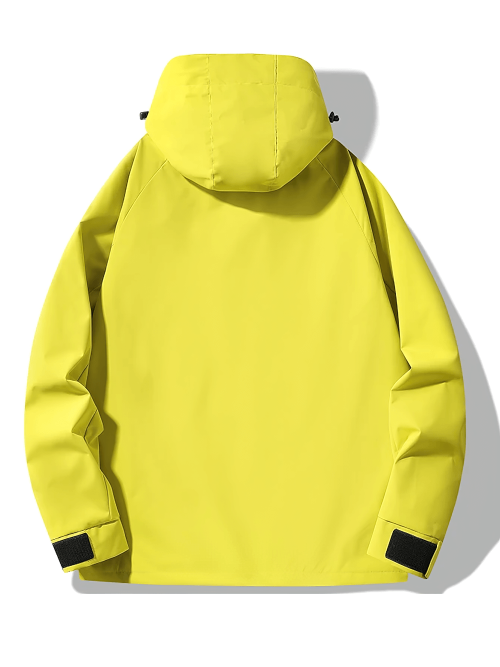 Bright yellow men's waterproof windbreaker for outdoor adventures. Lightweight thermal hiking jacket with hood for camping and hiking.