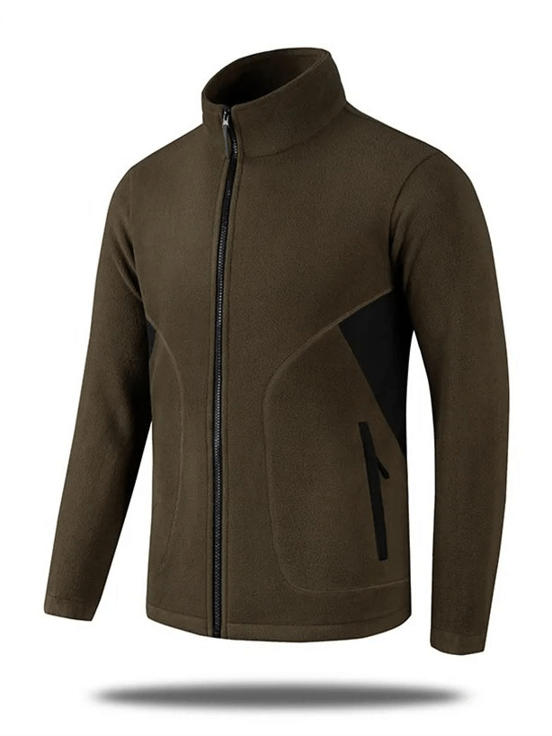 Men's windproof zip fleece jacket, casual fit, brown. Ideal for camping and hiking with durable polyester and advanced thermal features.