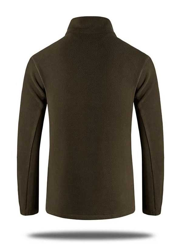 Men's windproof zip fleece jacket in brown, casual fit, back view, ideal for camping and hiking, made of polyester.