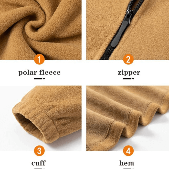Close-up of men's windproof zip fleece jacket features: polar fleece fabric, sturdy zipper, elastic cuff, and smooth hem.