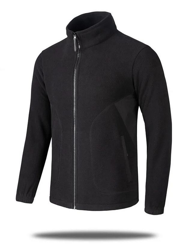 Men's windproof zip fleece jacket in black, casual fit, perfect for camping and hiking, made from breathable polyester.