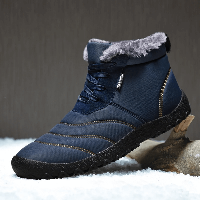 Men's Winter Ankle Snow Boots SF2026 with split leather and rubber outsole on snowy surface, featuring plush lining and lace-up design.