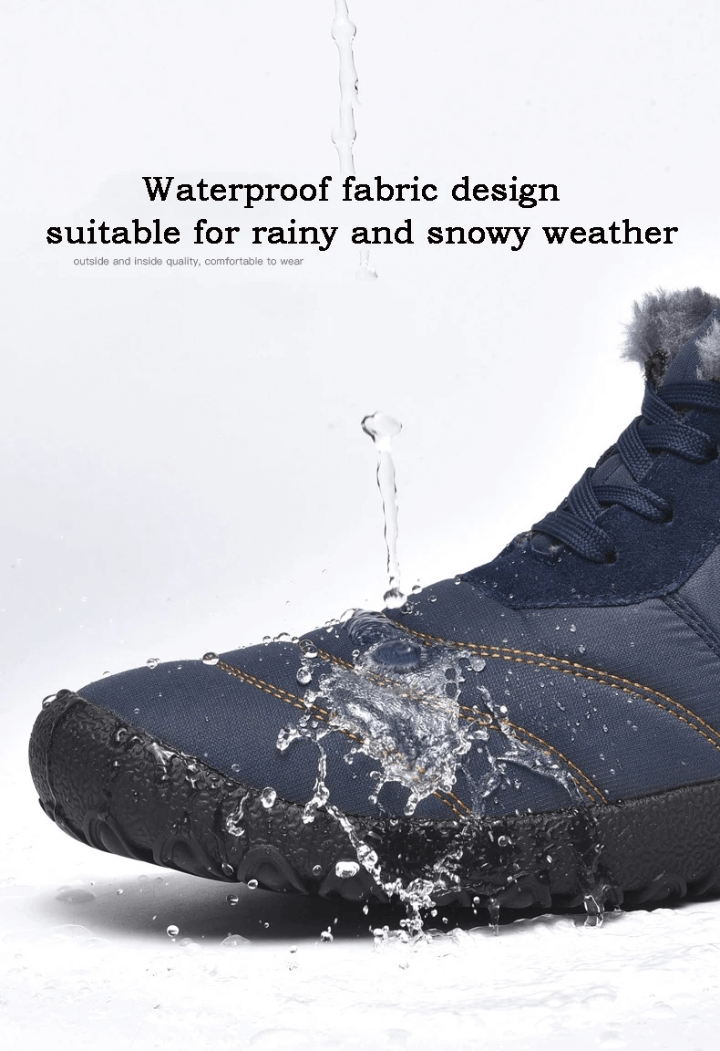 Close-up of waterproof men's winter ankle snow boot with water splash, highlighting durability and cold weather protection.