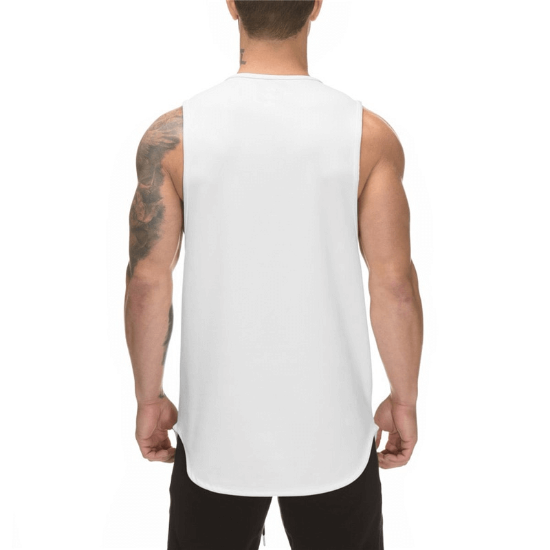 Back view of men's white sleeveless tank top, patchwork style, ideal for bodybuilding enthusiasts, comfortable o-neck design.