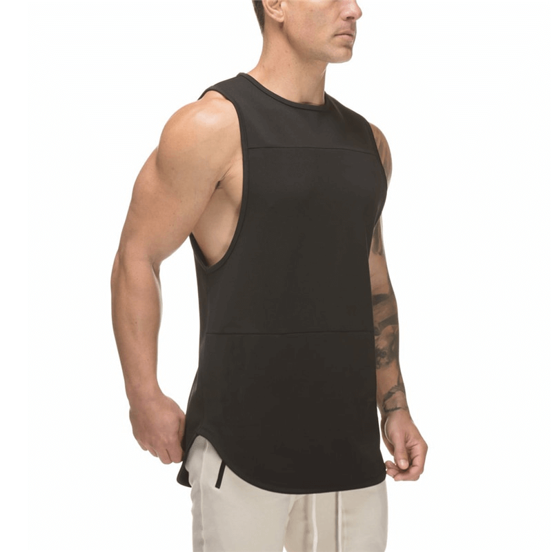 Black men's o-neck tank top for bodybuilding, featuring a stylish patchwork pattern, perfect for workout enthusiasts. Model wearing the top.