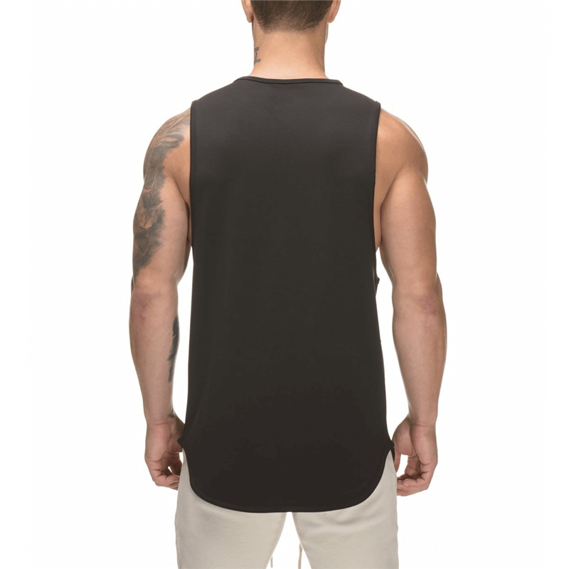 Men's black O-neck tank top with patchwork design for bodybuilding, shown from back view. Perfect for workouts. SF1110