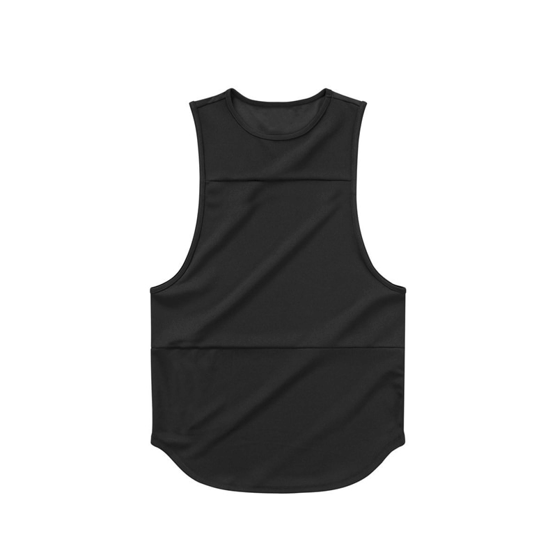 Men's black workout o-neck tank top with patchwork design for bodybuilding, featuring sleeveless cut and cotton blend fabric.